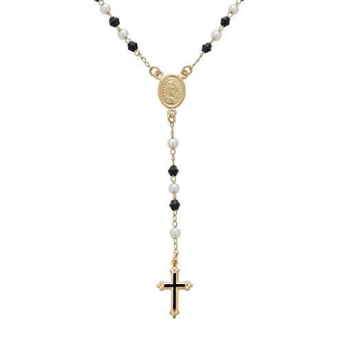 Bling Jewelry Zarte Filigrane Schwarz-Weiß-Simulierte-Perlen-Jungfrau-Maria-Medaillon-Rosenkranz-Halskette Mit Kreuz Für Frauen Teenager Vergoldet Mit 18 Karat Gold von Bling Jewelry