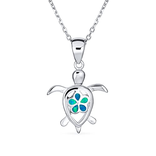 Zarte Nautische Tropische Blume Strand Urlaub Edelstein Erstellt Opal Inlay Blaue Meeresschildkröte Anhänger Halskette Für Frauen Teen .925 Sterling Silber Oktober Birthstone von Bling Jewelry