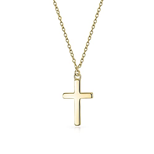 Bling Jewelry Zarter Kleiner Einfacher Flacher Religiöser Kreuzanhänger Halskette Für Frauen Jugendliche Poliert Vergoldetes 14 Karat Gelbgold .925 Sterlingsilber von Bling Jewelry