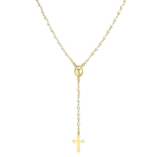 Bling Jewelry Zierliche Zarte Weiße Simulierte Perlen Schutzengel-Medaillon-Rosenkranz-Kreuzkette Für Frauen Teenager 18 Karat Vergoldet von Bling Jewelry