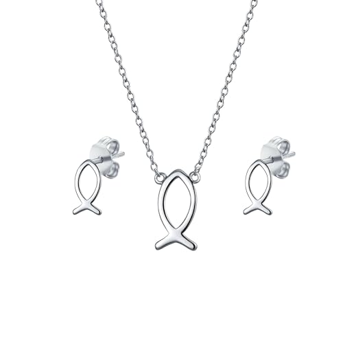 Zierliches kleines religiöses Ichthys-Anhänger-Halsketten- und Ohrstecker-Set - Zierlicher .925 Sterling Silber religiöser Schmuck für Frauen und Teenager von Bling Jewelry