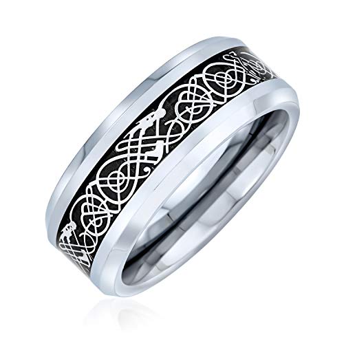 Bling Jewelry Zweifarbig Schwarz Silber Keltischer Knoten Drache Inlay Paare Titanium Hochzeit Band Ringe Für Männer Für Frauen Komfort Fit 8Mm von Bling Jewelry