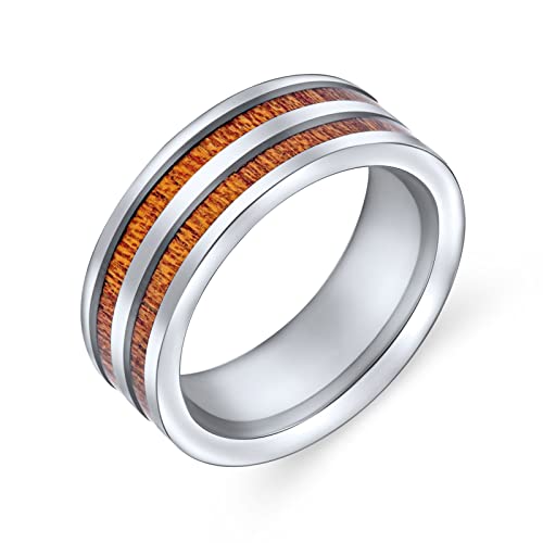 Bling Jewelry Zweireihige Breite Streifen Braun Koa Holz Inlay Titanium Hochzeit Band Ringe Für Männer Für Frauen Silber Ton Komfort Fit 8Mm von Bling Jewelry