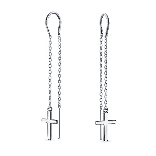 Minimalist Leicht Weight Linear Long Religiös Chain Baumelnd Spirituell Religiös Cross Threader Ohrringe Für Frauen Teen .925 Sterling Silber Stabilizing U Wire Hook Sm von Bling Jewelry