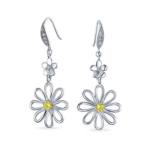 Blumiger Garten Hochzeit Kanariengelber Zirkonia-Akzent Offene Blumenform CZ Gänseblümchen Hängeohrringe Für Frauen Französische Drahtverschlüsse Versilbert von Bling Jewelry