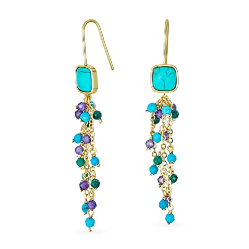 Boho Mixed Edelstein Cluster Bead Accent Linear Fish Hook Dünne Leichtweight Long Purple Amethyst Blue Turquoise Waterfall Tassel Baumelnd Earrings Western Jewelry 18K Yellow Gold Vergoldet von Bling Jewelry