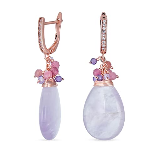 Boho-Mode Mehrfarbige Kristallperlen-Akzent Drahtgewickelter Edelstein Birnenform Hellvioletter Amethyst Tropfen Ohrringe für Frauen Rosévergoldet Sicherer Schnappverschluss Scharnier von Bling Jewelry