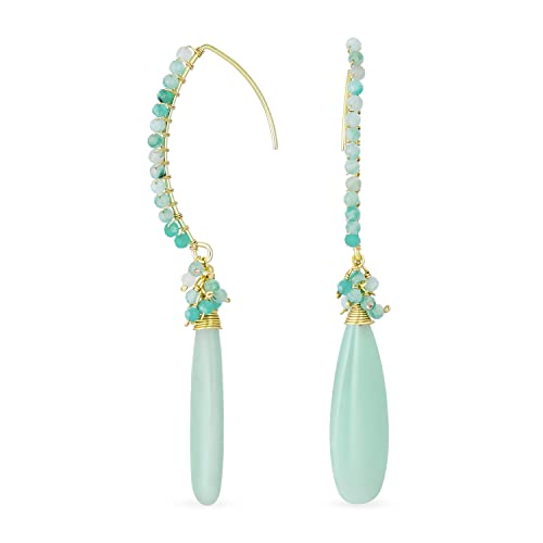 Boho Cluster Bead Accent Linear Elongated Fish Hook Soft Mint Leicht Green Amazonite Long Träne Gemstone Baumelnd Earrings For Freundin Teens 18K Yellow Gold Vergoldet von Bling Jewelry