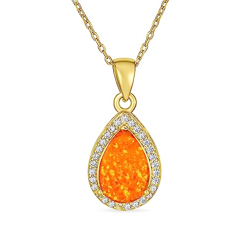 Bräutigam Traditionelle Elegante Edelstein CZ Akzent Halo Solitär Mexikanische Orange Erstellt Opal Träne Halskette Anhänger Für Frauen 14K Gelbgold .925 Sterlingsilber Oktober Geburtsstein von Bling Jewelry