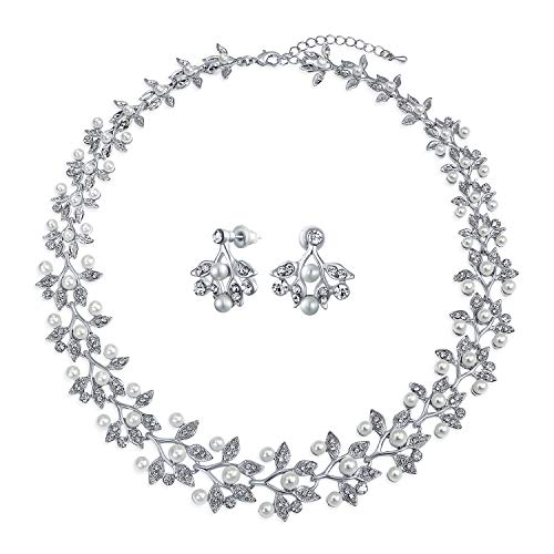 Braut Große Mode Vintage-Stil Blätter Blatt Motiv Simuliert Weiße Perle Kubischer Zirkonia Pave Cz Blatt Bib Statement Halskette Schmuck-Set Für Frauen Hochzeiten von Bling Jewelry