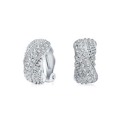 Bräutigam Abschlussball Criss Cross Twisted Row Pave Crystal Dome Halb Hoop Clip On Earrings Non Pierced Ears Silver Vergoldet Messing von Bling Jewelry