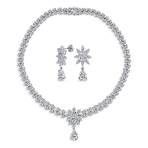 Bling Jewelry Brautschmuck Set Art Deco Stil Vintage Stil Marquise Blatt Starburst Zirkonia AAA CZ Choker Kragen V Statement Halskette & Kronleuchter Ohrhänger Für Frauen Hochzeit Prom Festzug von Bling Jewelry