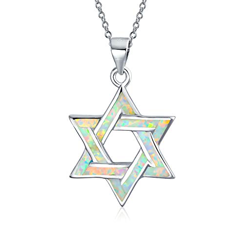 Bling Jewelry Hanukkah Magen Judaic White Created Opal Inlay Star of David Anhänger Halskette Für Bat Mitzvah Für Frauen Für Teenager .925 Sterling Silber von Bling Jewelry