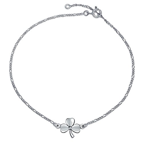 Drei Blatt Kleeblatt Blume Fußkettchen Glücksbringer Klee Knöchel Armband Für Frauen Teens Figaro Link Oxidiert .925 Sterling Silber 9 Bis 10 Zoll Mit Extender Einstellbar von Bling Jewelry
