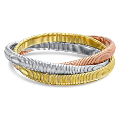 Drei Ton Dreifachstrang Omega Snake Cobra Breites Armreif Twisted Armband Set Verriegelnde Flexible Stretch Armbänder Gelbgold Plattiertes Edelstahl Passend Für Handgelenke Von 8 Bis 8,5 Zoll von Bling Jewelry