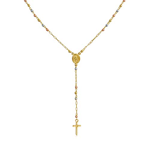 Bling Jewelry Einfaches Dünnes Zartes Gebet Religiöses Weißes Rose Gelbes Echtes Tri-Color 14K Gold Kreuz & Heilige Jungfrau Maria Rosenkranz Spiegelkugel Perlen Y Halskette Für Frauen Teen von Bling Jewelry