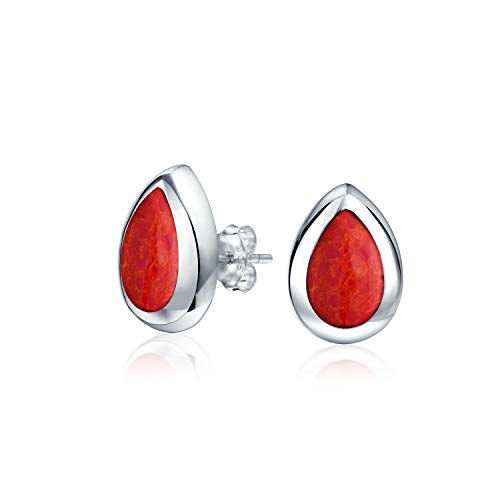 Einfache Halbedelstein Träne Birnenförmig Orange Rote Koralle Lünette Set Ohrstecker Für Frauen .925 Sterling Silber von Bling Jewelry