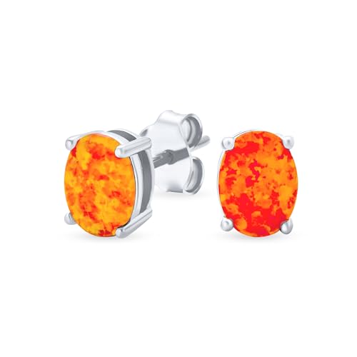 Einfache Klassische Feuerorangen Opulenz Edelstein Geschaffener Opal Oval Ohrstecker Rhodium Versilbert .925 Sterlingsilber 7MM Oktober-Geburtsstein von Bling Jewelry