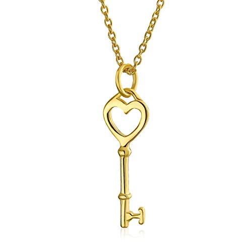 Bling Jewelry Einfache Romantische Schlüssel Zu Ihrem Herzen Offen Heart Schlüssel Halskette Anhänger Für Frauen Teens Freundin Gelb 14K Gold Plattiert .925 Sterling Silber von Bling Jewelry