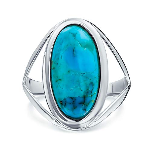 Einfache Südenwest Boho Stil Große Kuppel Ovalen Cabochon Edelstein Lünette Set Blau Türkis Western Aussage Ring Für Frauen Split Band .925 Sterling Silber von Bling Jewelry