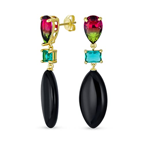 Einzigartige Geometrische Lineare Schwarze Onyx Teardrop Rechteck Multi Shape Regenbogen CZ & Natürliche 3 Multi-Tier Edelstein Partei baumelnden Ohrringe für Frauen in 14K Gelbgold vergoldet von Bling Jewelry