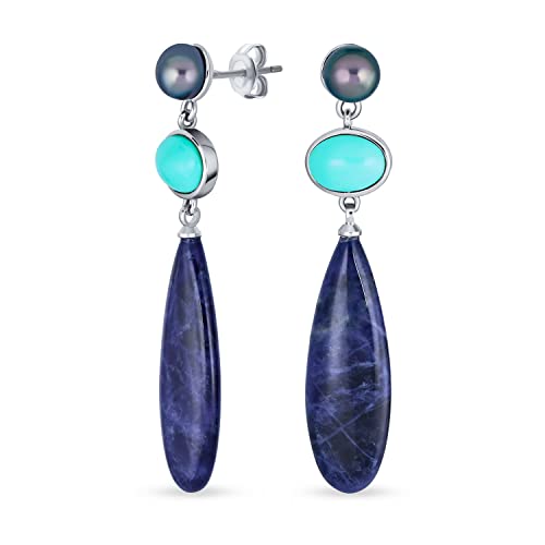 Einzigartige Geometrische Multi Form 3 Multi-Tier Baumeln Kultivierte Süßwasser Grau Perle Akzent Natürliche Edelstein Blau Türkis Marine Sodalith Längliche Lange Teardrop Party Ohrringe Versilbert von Bling Jewelry