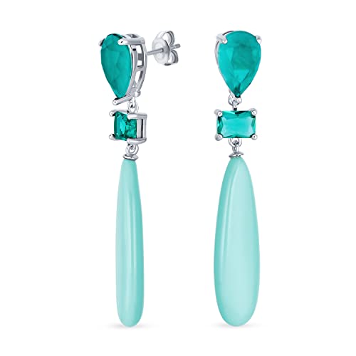 Einzigartige geometrische lineare blaue Türkis elongierte flache Tropfenrechteck Mehrfachform Aquamarin CZ & 3 mehrstufige natürliche Edelstein Party Hängeohrringe für Frauen in versilbertem Finish von Bling Jewelry