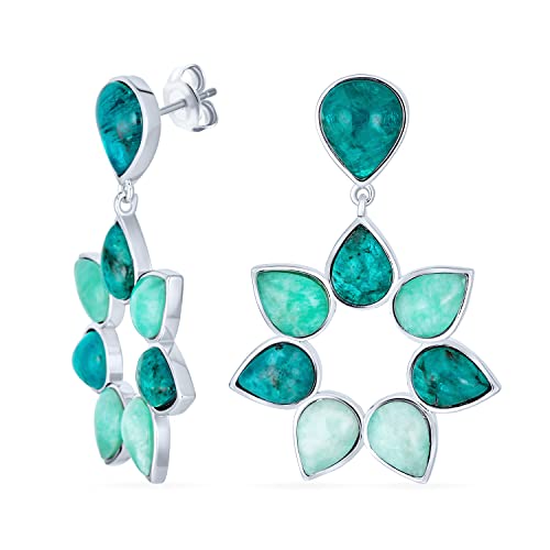 Elegante Aussage Natürlichen Edelstein Teal Grün Blau Apatit & Brasilien Amazonit Medaillon Von Blumenblättern Blume Tropfen Ohrringe Für Frauen Rhodium Plattiert Messing von Bling Jewelry