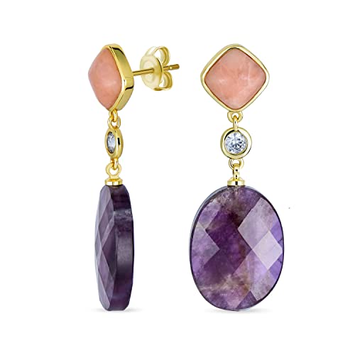 Elegante Edelstein Staubige Rose Kristall Akzent Natürliche Briolette Lila Amethyst Facettierte Ovale Hängeohrringe für Frauen Gelbvergoldet von Bling Jewelry