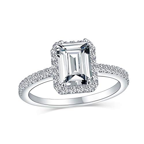 Zeitloser klassischer eleganter 3CT Halo AAA CZ Art Deco Stil Klar Rechteck Smaragd Schnitt Verlobungsring für Frauen Zirkonia Pave Dünn 1 MM Band .925 Sterling Silber von Bling Jewelry