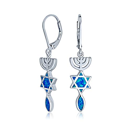 Erstellte Blaue Opal Religiöse Judaica-Menora Und Hanukkah-Davidstern-Hebelohrringe Für Frauen, Teenager Und Bat Mitzvah 925 Sterling Silber von Bling Jewelry