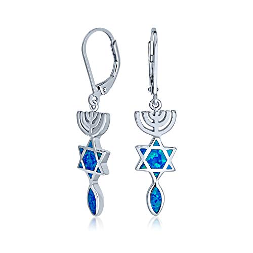 Erstellte Blaue Opal Religiöse Judaica-Menora Und Hanukkah-Davidstern-Hebelohrringe Für Frauen, Teenager Und Bat Mitzvah 925 Sterling Silber von Bling Jewelry