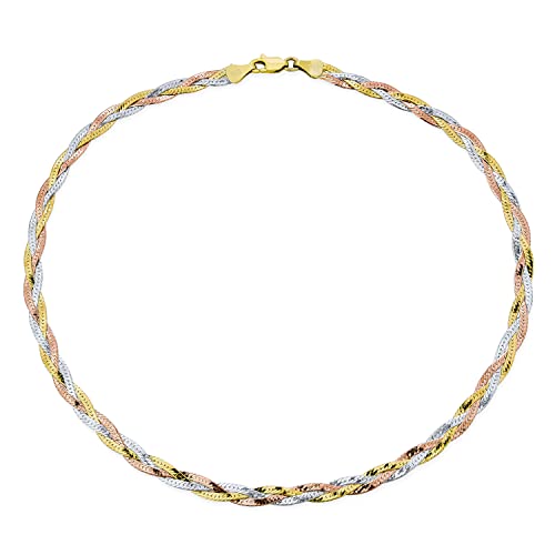 Bling Jewelry Flache Flexible 14K Gelb Rosengold Overlay .925 Sterling Silber 5Mm Twist 3 Tri Tone Herringbone Braided Magic Schlange Chain Halsreif Halskette Für Frauen Hergestellt In Italy 20 Inch von Bling Jewelry