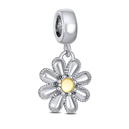 Floral Sunflower Daisy Blume Baumelnd Bead Charm Für Frauen Mutter Zweifarbig 14K Vergoldet .925 Sterlingsilber Passt Europäisches Armband von Bling Jewelry