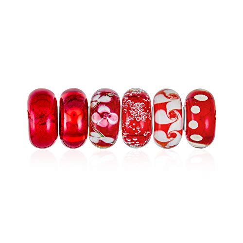 Gemischter Satz Von Bundle .925 Sterlingsilber Core Translucent Shades Of Red White Stripe Floral Murano Glass Strudel Charm Bead Spacer Fits European Armband Für Frauen Teen von Bling Jewelry