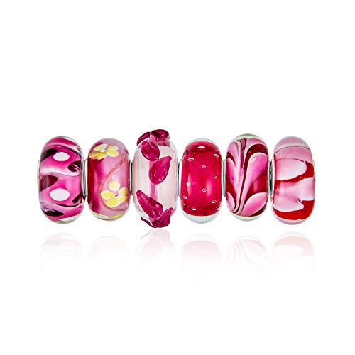 Bling Jewelry Gemischter Satz Von Bündel .925 Sterling Silber Kern Transluzente Schattierungen Von Rot Rosa Floral Murano Glas Swirl Charme Bead Spacer Passt Europäisches Armband Für Frauen Teen von Bling Jewelry