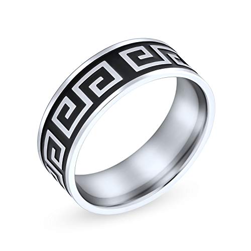 Bling Jewelry Geometrische Antike Fret Griechischen Schlüssel Muster Flache Hochzeit Band Ring Für Männer Frauen Schwarz Silber Zweifarbig Edelstahl 8Mm von Bling Jewelry