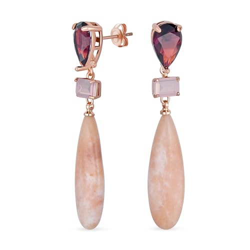 Einzigartige Geometrische Lineare Erdige Rosenquarz Längliche Flache Teardrop Rechteck Multi Form Braun CZ & 3 Multi-Tier Natürliche Edelstein Party Dangling Ohrringe für Frauen in Rose Gold Plated von Bling Jewelry