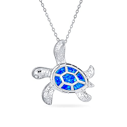 Große Nautische Tropical Strand Vacation Iridescent Blau Erstellt Opal Inlay Meer Schildkröte Anhänger Halskette Für Frauen Teen .925 Sterlingsilber von Bling Jewelry