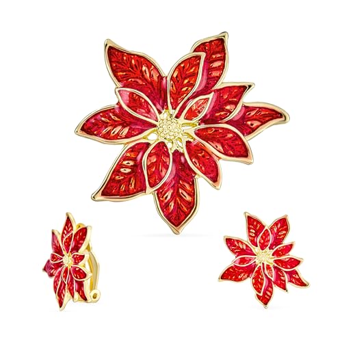 Große Statement-Blumen-Urlaubsparty Weiß Rote Emaille Poinsettia Brosche Clip-On-Ohrringe Weihnachtsschal-Anstecknadel Schmuckset Für Frauen, Vergoldet von Bling Jewelry