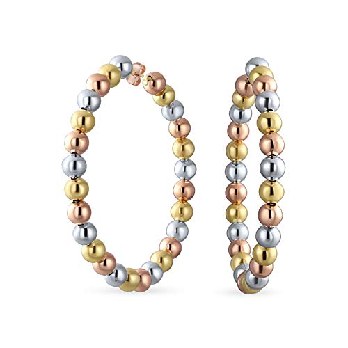 Große Dreifarbige Perlenrunde Modische Statement Ohrringe Mit Drei Tönen Für Frauen Teenager Piercing Gelb Weiß Roségold Plattiert Hochglanzpoliert Mit Klappverschluss 5,6 Cm Durchmesser von Bling Jewelry