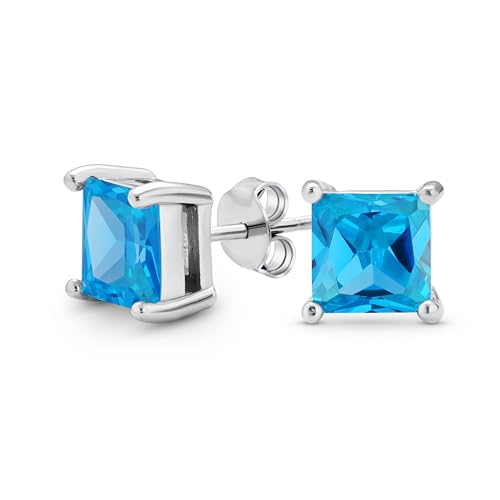 Hellblaue Quadratische Kubische Zirkonia Brillant Prinzessschliff AAA CZ Ohrstecker .925 Sterlingsilber Simulierter Topas von Bling Jewelry