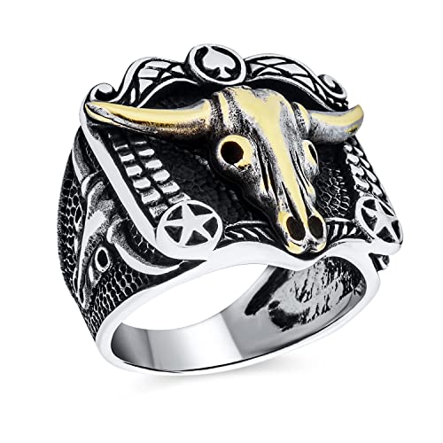 Personalisieren Sie Den Schwarzen Strukturierten Tierbüffel Kuh Schädel Antilopen Ziegen Groß Western Schmuck Texas Longhorn Schädel Herren Signet Ring In Zwei Tönen Aus .925 Sterling Silber Anpassbar von Bling Jewelry