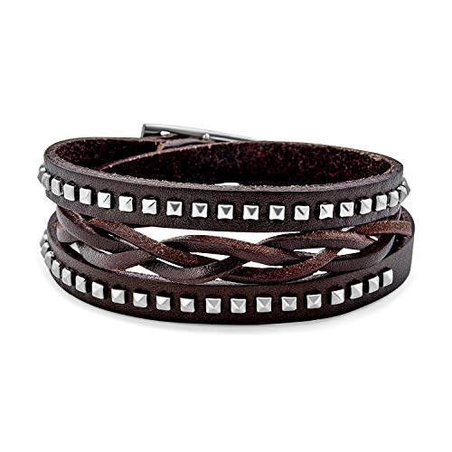 Hip Hop Retro Punk Rocker Armband Metallnieten Nieten Breites Geflochtenes Gedrehtes Manschette Mehrschichtiges Doppelwickel Echtes Braun Schwarzes Leder Biker Armband Für Männer Jugendliche Frauen von Bling Jewelry