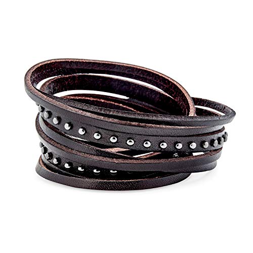 Hip Hop Retro Punk Rocker Armband Metall Nieten Manschette Mehrschichtige Riemen Double Wrap Echtes Braun Schwarzes Leder Bikerin Armband Für Männer Frauen Teens Verstellbare Druckknöpfe von Bling Jewelry