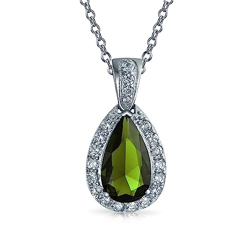 Bling Jewelry Klassischer Brautschmuck Birne Form 24X15 Solitär Teardrop Halo AAA 15CT CZ Simuliert Grün Peridot Anhänger Halskette Für Frauen Abschlussball Brautjungfer Hochzeit Versilbert von Bling Jewelry