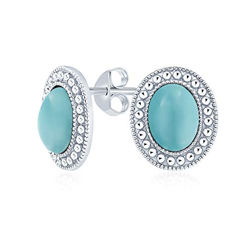 Klassische stabilisierte blaue Türkis-Halbedelstein-Milgrain-Fassung-Halo-Oval-Ohrstecker für Damen aus .925 Sterlingsilber von Bling Jewelry