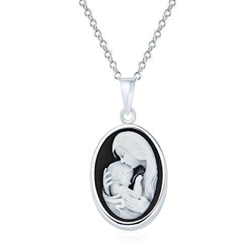 Bling Jewelry Klassischer Antiker Stil Schwarz Weiß Geschnitzt Oval Einfach Gerahmt Viktorianische Dame Porträt Mutter Und Kind Kamee Anhänger Halskette Für Frauen Frau .925 Sterlingsilber von Bling Jewelry