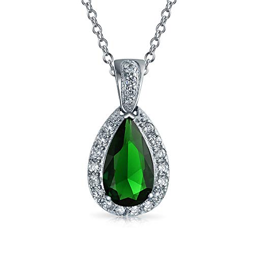 Bling Jewelry Klassischer Brautschmuck Birne Form 24X15 Solitär Teardrop Halo AAA 15CT CZ Simulierte Smaragdgrün Anhänger Halskette Für Frauen Abschlussball Brautjungfer Hochzeit Versilbert von Bling Jewelry