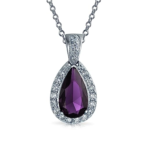Bling Jewelry Klassischer Brautschmuck Birne Form 24X15 Solitär Teardrop Halo AAA 15CT CZ Simuliert Lila Amethyst Anhänger Halskette Für Frauen Abschlussball Brautjungfer Hochzeit Versilbert von Bling Jewelry